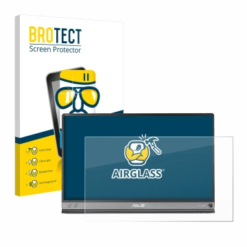 Face avant d’un emballage produit avec le logo de la marque BROTECT. À côté, l’appareil ASUS ZenScreen MB16AC est représenté a