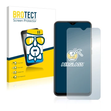 Face avant d’un emballage produit avec le logo de la marque BROTECT. À côté, l’appareil Xiaomi Redmi 9 est représenté avec la 