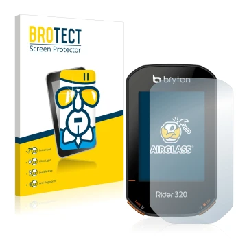 Face avant d’un emballage produit avec le logo de la marque BROTECT. À côté, l’appareil Bryton Rider 320 est représenté avec l