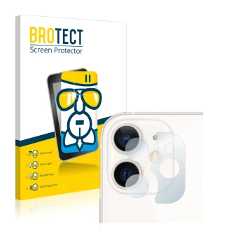 Face avant d’un emballage produit avec le logo de la marque BROTECT. À côté, l’appareil Apple iPhone 12 mini (Caméra UNIQUEMEN