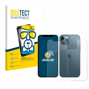 Face avant d’un emballage produit avec le logo de la marque BROTECT. À côté, l’appareil Apple iPhone 12 Pro (Avant+Arrière) es