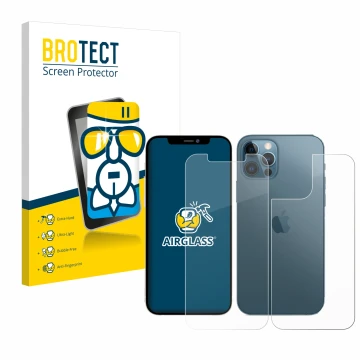 Face avant d’un emballage produit avec le logo de la marque BROTECT. À côté, l’appareil Apple iPhone 12 Pro Max (Avant+Arrière
