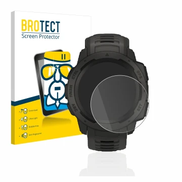 Face avant d’un emballage produit avec le logo de la marque BROTECT. À côté, l’appareil Garmin Instinct Solar est représenté a