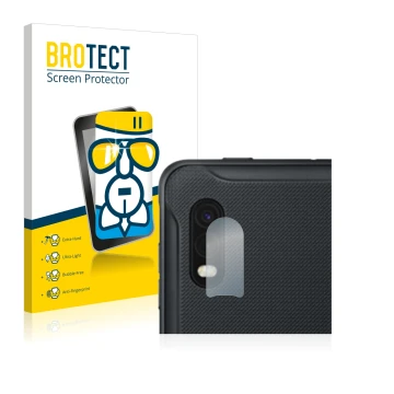 Face avant d’un emballage produit avec le logo de la marque BROTECT. À côté, l’appareil Samsung Galaxy XCover Pro (Caméra UNIQ