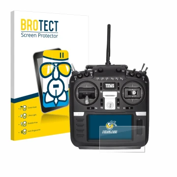 Face avant d’un emballage produit avec le logo de la marque BROTECT. À côté, l’appareil Radiomaster TX16S est représenté avec 