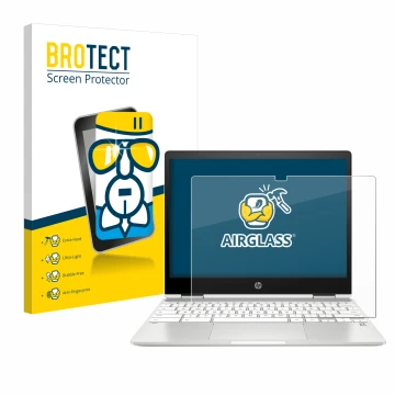 Face avant d’un emballage produit avec le logo de la marque BROTECT. À côté, l’appareil HP Chromebook x360 12b-ca0005nf est re