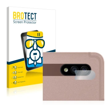 Face avant d’un emballage produit avec le logo de la marque BROTECT. À côté, l’appareil Samsung Galaxy Tab S7 Plus WiFi 2020 (
