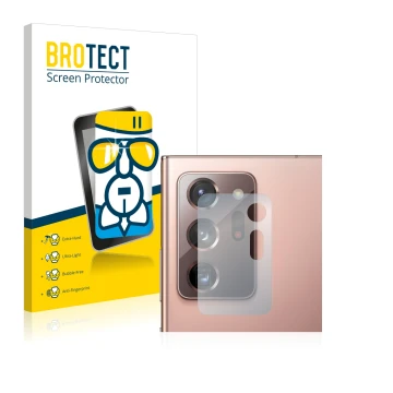 Face avant d’un emballage produit avec le logo de la marque BROTECT. À côté, l’appareil Samsung Galaxy Note 20 Ultra 5G (Camér