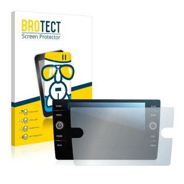 Face avant d’un emballage produit avec le logo de la marque BROTECT. À côté, l’appareil Volkswagen Tiguan Discover Media 8