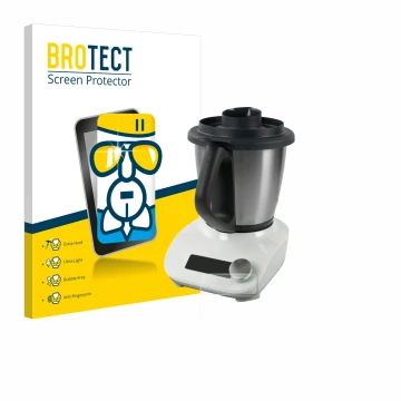 Face avant d’un emballage produit avec le logo de la marque BROTECT. À côté, l’appareil Vorwerk Thermomix Friend est représent