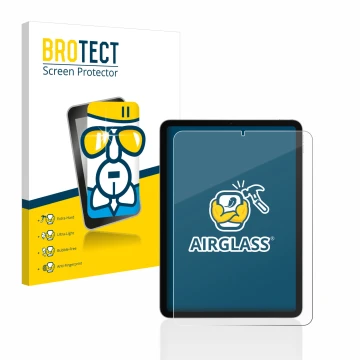Face avant d’un emballage produit avec le logo de la marque BROTECT. À côté, l’appareil Apple iPad Air 4 WiFi 2020 (4ème Gen.)
