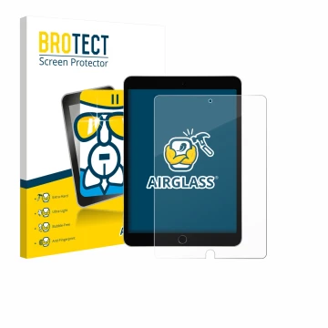 Face avant d’un emballage produit avec le logo de la marque BROTECT. À côté, l’appareil Apple iPad 10.2