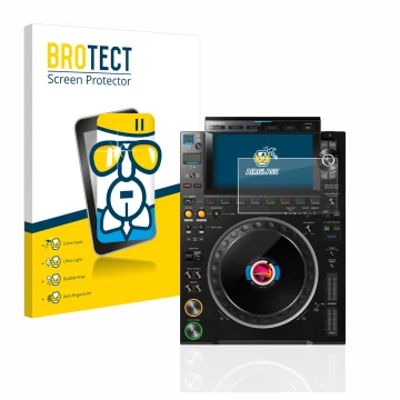 Face avant d’un emballage produit avec le logo de la marque BROTECT. À côté, l’appareil Pioneer CDJ 3000 est représenté avec l