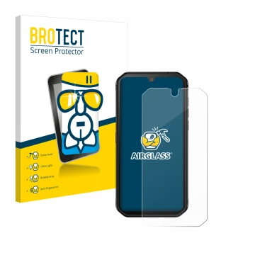 Face avant d’un emballage produit avec le logo de la marque BROTECT. À côté, l’appareil Blackview BV9900E est représenté avec 