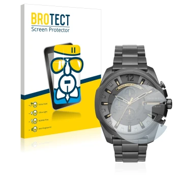 Face avant d’un emballage produit avec le logo de la marque BROTECT. À côté, l’appareil Diesel Chronograph DZ4466 est représen