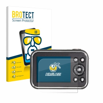Face avant d’un emballage produit avec le logo de la marque BROTECT. À côté, l’appareil Vtech Kidizoom Video Studio HD est rep