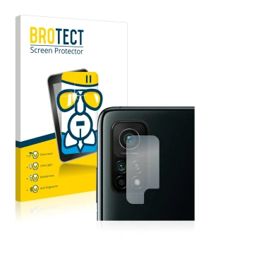 Face avant d’un emballage produit avec le logo de la marque BROTECT. À côté, l’appareil Xiaomi Mi 10T Pro 5G (Caméra UNIQUEMEN