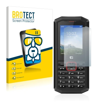 Face avant d’un emballage produit avec le logo de la marque BROTECT. À côté, l’appareil Crosscall Spider X5 est représenté ave