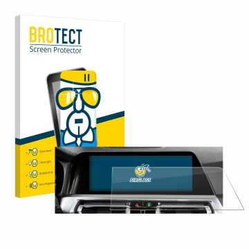 Face avant d’un emballage produit avec le logo de la marque BROTECT. À côté, l’appareil BMW 3 G20 Limousine 2018 Infotainment 
