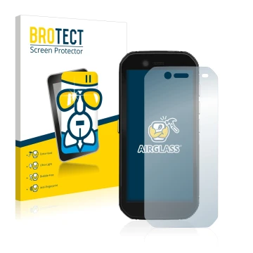 Face avant d’un emballage produit avec le logo de la marque BROTECT. À côté, l’appareil Caterpillar Cat S42 est représenté ave