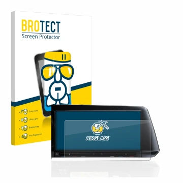 Face avant d’un emballage produit avec le logo de la marque BROTECT. À côté, l’appareil Volkswagen Golf 8 2020 Discover Pro 10