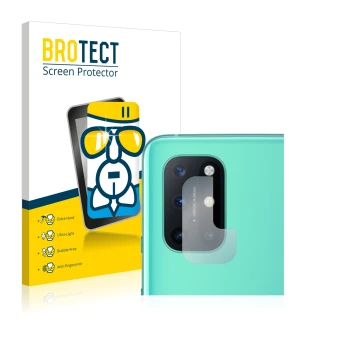 Face avant d’un emballage produit avec le logo de la marque BROTECT. À côté, l’appareil OnePlus 8T (Caméra UNIQUEMENT) est rep