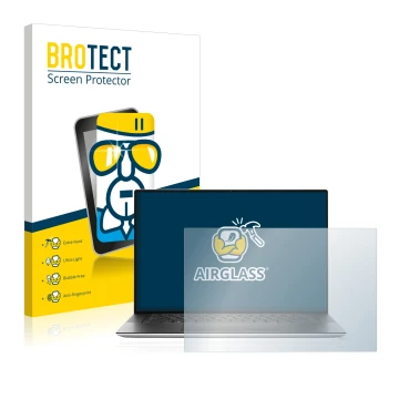 Face avant d’un emballage produit avec le logo de la marque BROTECT. À côté, l’appareil Dell XPS 15 9500 est représenté avec l