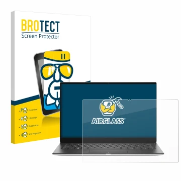 Face avant d’un emballage produit avec le logo de la marque BROTECT. À côté, l’appareil Dell XPS 13 9310 2-in-1 est représenté