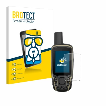 Face avant d’un emballage produit avec le logo de la marque BROTECT. À côté, l’appareil Garmin GPSMAP 65 est représenté avec l