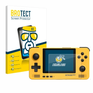 Face avant d’un emballage produit avec le logo de la marque BROTECT. À côté, l’appareil Retroid Pocket 2 est représenté avec l