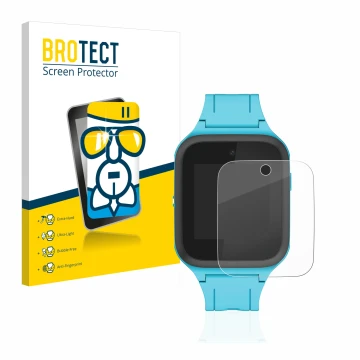 Face avant d’un emballage produit avec le logo de la marque BROTECT. À côté, l’appareil TCL Movetime FamilyWatch Kids MT40X es