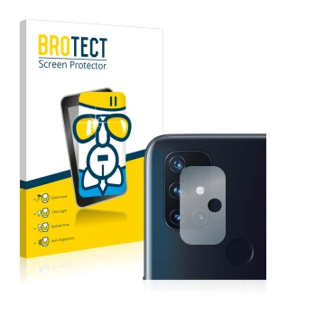 Face avant d’un emballage produit avec le logo de la marque BROTECT. À côté, l’appareil OnePlus Nord N10 5G (Caméra UNIQUEMENT