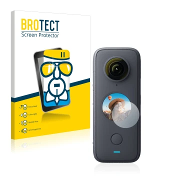 Face avant d’un emballage produit avec le logo de la marque BROTECT. À côté, l’appareil Insta360 One X2 est représenté avec la