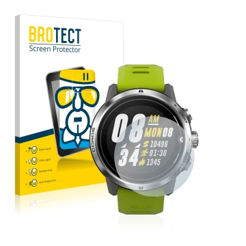 Face avant d’un emballage produit avec le logo de la marque BROTECT. À côté, l’appareil Coros Apex Pro est représenté avec la 