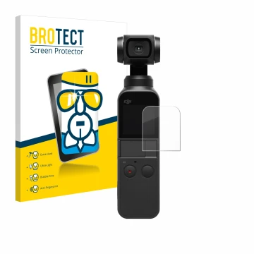 Face avant d’un emballage produit avec le logo de la marque BROTECT. À côté, l’appareil DJI Osmo Pocket 2 est représenté avec 