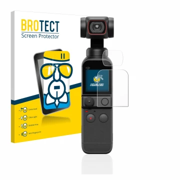 Face avant d’un emballage produit avec le logo de la marque BROTECT. À côté, l’appareil DJI Osmo Pocket 2 (Affichage + Lentill