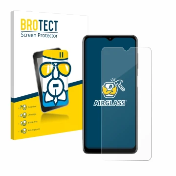 Face avant d’un emballage produit avec le logo de la marque BROTECT. À côté, l’appareil Samsung Galaxy M12 est représenté avec
