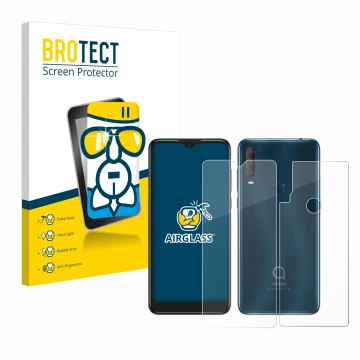 Face avant d’un emballage produit avec le logo de la marque BROTECT. À côté, l’appareil Alcatel 1S 2020 (Avant+Arrière) est re