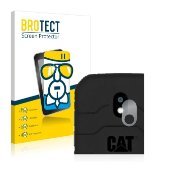Face avant d’un emballage produit avec le logo de la marque BROTECT. À côté, l’appareil Caterpillar Cat S42 (Caméra UNIQUEMENT