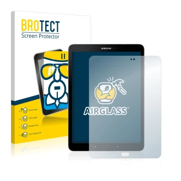 Face avant d’un emballage produit avec le logo de la marque BROTECT. À côté, l’appareil Samsung Galaxy Tab S3 est représenté a