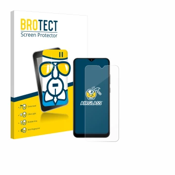 Face avant d’un emballage produit avec le logo de la marque BROTECT. À côté, l’appareil Samsung Galaxy A02s est représenté ave