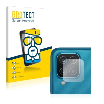 Face avant d’un emballage produit avec le logo de la marque BROTECT. À côté, l’appareil Samsung Galaxy A12 (Caméra UNIQUEMENT)