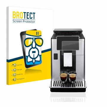 Face avant d’un emballage produit avec le logo de la marque BROTECT. À côté, l’appareil DeLonghi PrimaDonna Soul ECAM610.75.MB