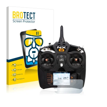 Face avant d’un emballage produit avec le logo de la marque BROTECT. À côté, l’appareil Spektrum NX6 est représenté avec la pr