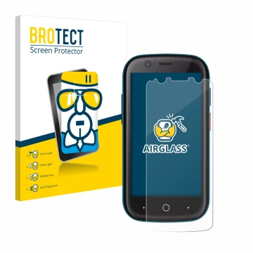 Face avant d’un emballage produit avec le logo de la marque BROTECT. À côté, l’appareil Unihertz Jelly 2 est représenté avec l