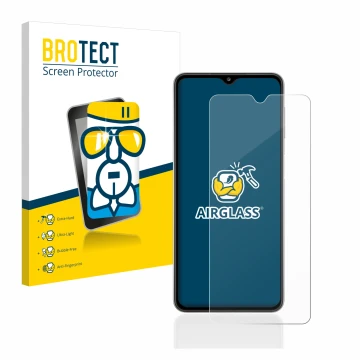 Face avant d’un emballage produit avec le logo de la marque BROTECT. À côté, l’appareil Samsung Galaxy A32 5G est représenté a