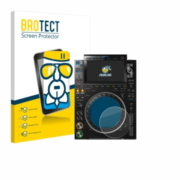 Face avant d’un emballage produit avec le logo de la marque BROTECT. À côté, l’appareil Pioneer CDJ 3000 (Cercle) est représen