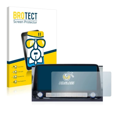 Face avant d’un emballage produit avec le logo de la marque BROTECT. À côté, l’appareil Hyundai Kona 2020 Infotainment System 