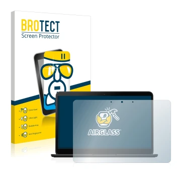 Face avant d’un emballage produit avec le logo de la marque BROTECT. À côté, l’appareil Google Pixelbook Go 13.3