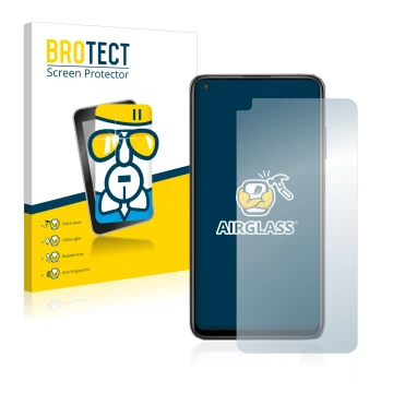 Face avant d’un emballage produit avec le logo de la marque BROTECT. À côté, l’appareil Xiaomi Redmi Note 9T 5G est représenté